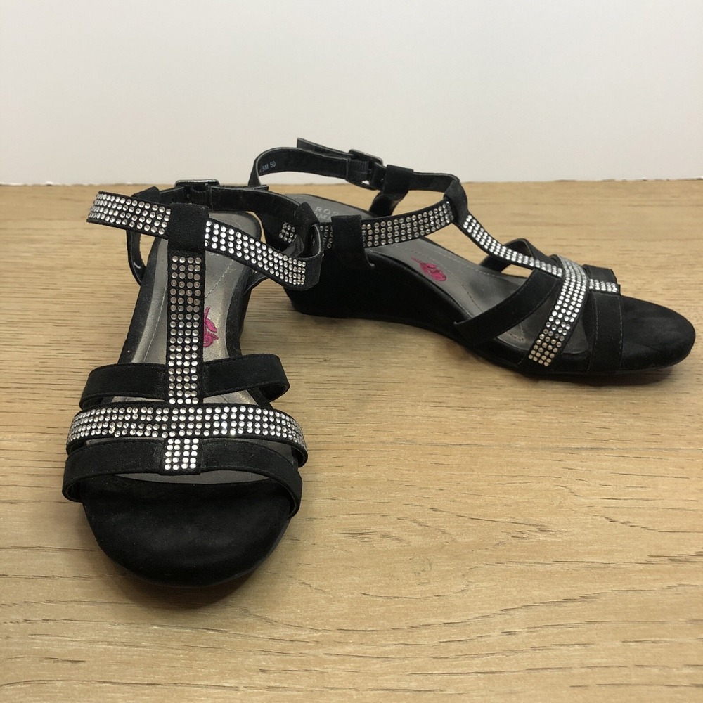 Ros Hommerson Whitney Slingback Wedge Sandal Black Shoes 4.5M Suede Women's